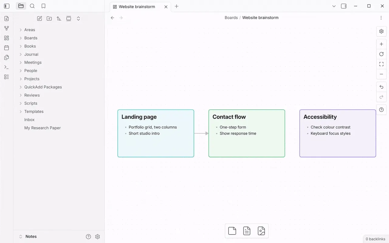 Selecting the Contact flow card on a Website brainstorm canvas, running QuickAdd: Run, and picking an Add idea to card Capture that has Capture to active file on, Write position set to Bottom of file, and the format “- {{VALUE}}”. After typing “Add a map with the studio address”, the text appears as a new bullet at the bottom of the selected card