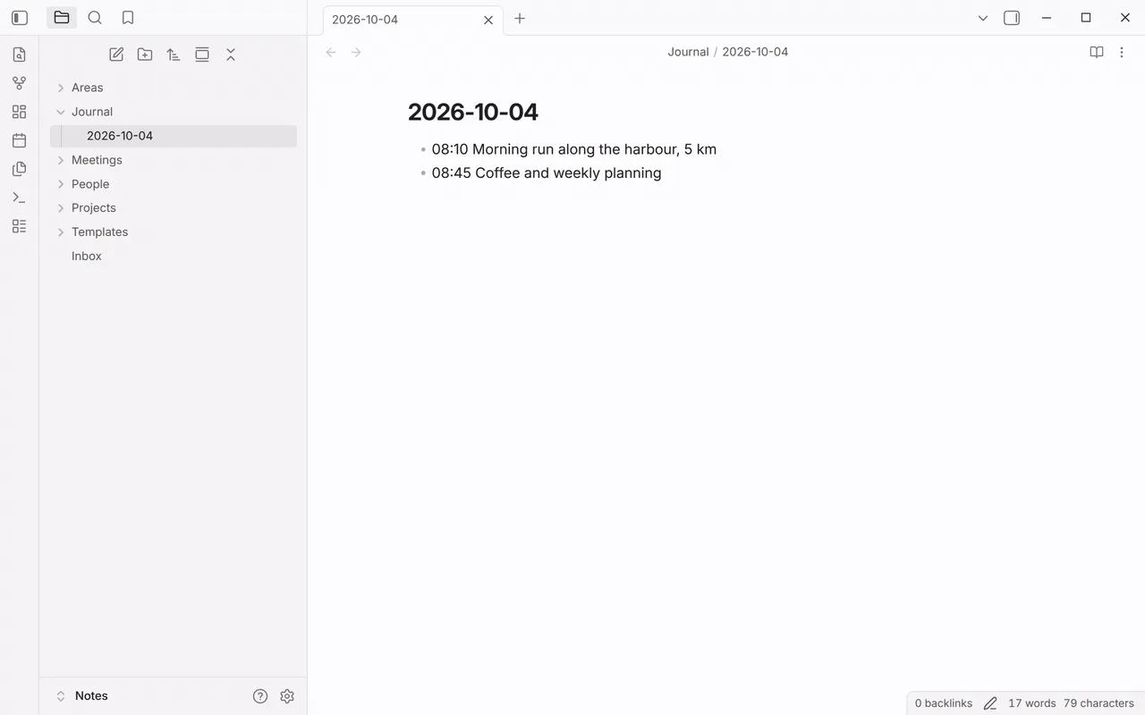 Running QuickAdd: Run from the command palette, picking Add to journal, typing “Standup moved to Wednesday”, and the timestamped line appearing in today’s journal note