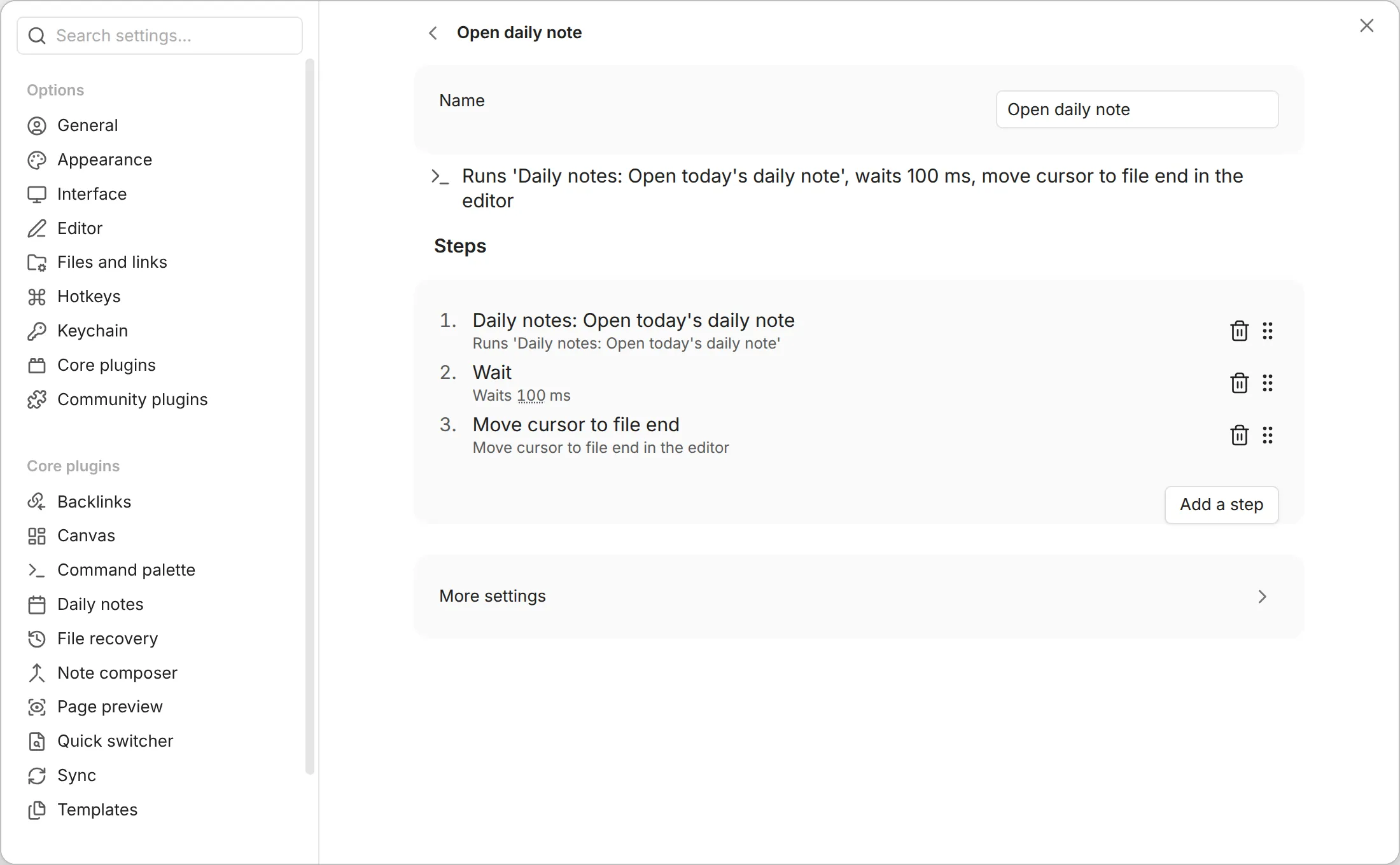 The sequence builder page: the line saying what the macro does, three numbered steps, Add a step and More settings
